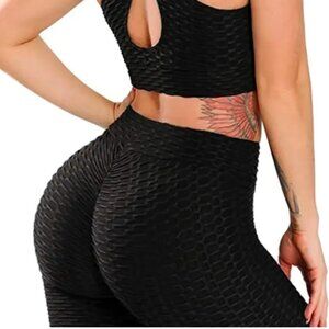 Women's Plus 2 XL Viral TikTok Style Butt Lifting Leggings Black Waffle Scrunch